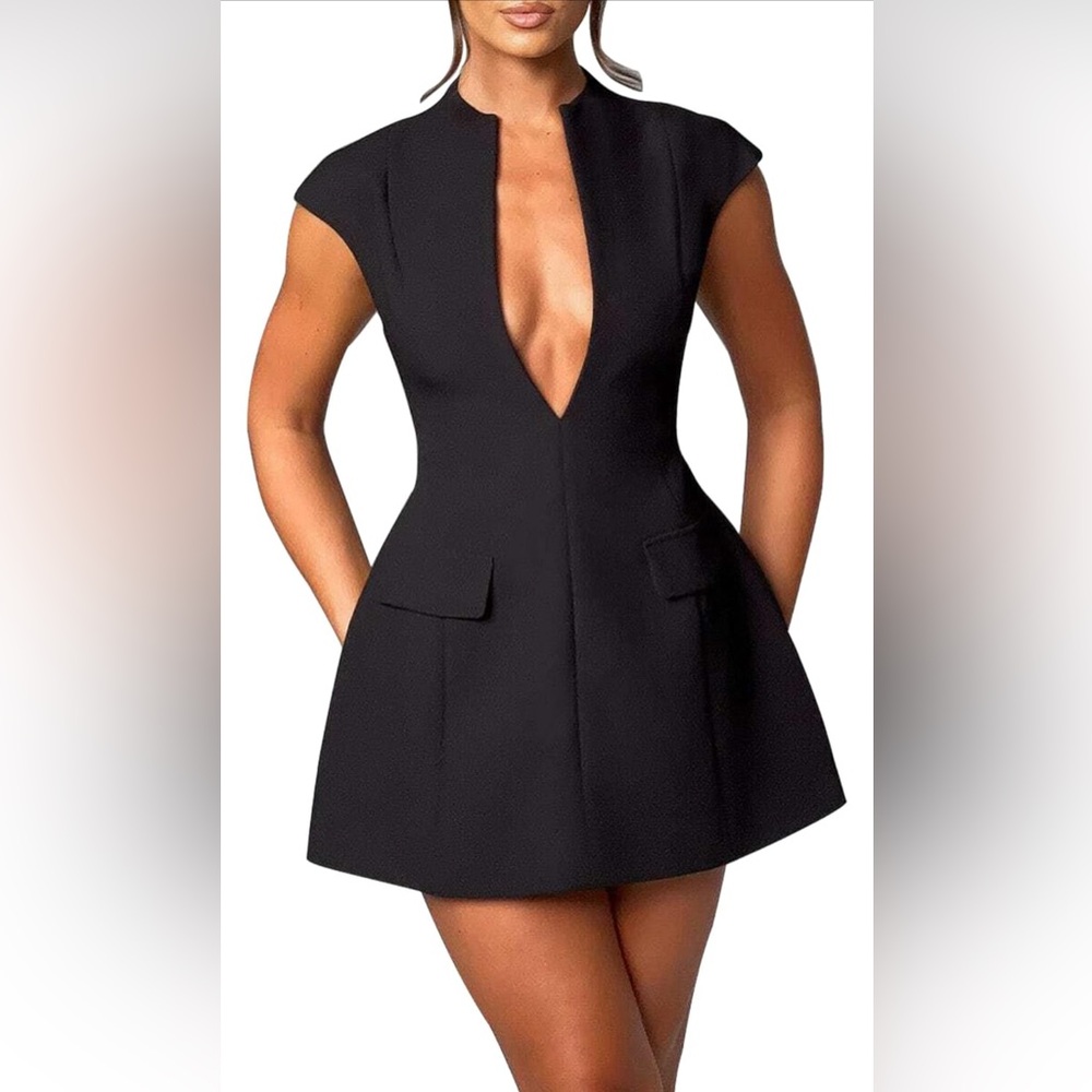 LuFeng Sexy Cap Sleeve Deep V Neck Zipper A-line Hollow Night Out Party Dress